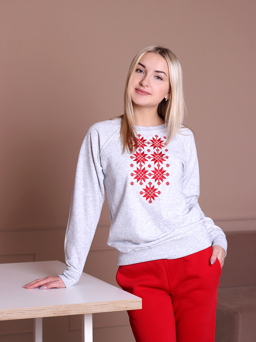 Свитшот реглан женский серый с красной вышивкой "Жыццё" 