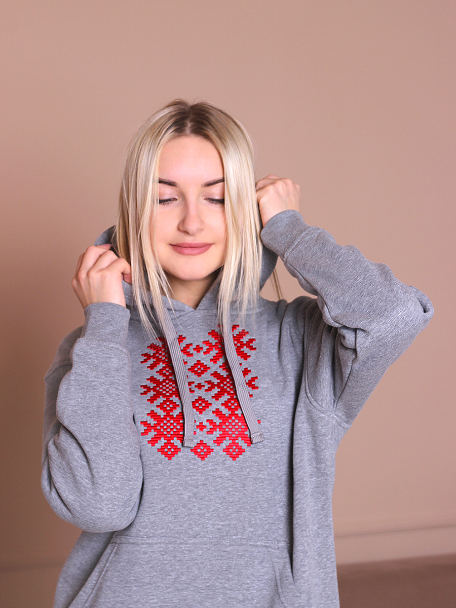 Худи женское серое с красной вышивкой "Ярыла"