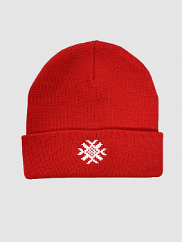 Красная шапка с отворотом с белой вышивкой "Ярыла"