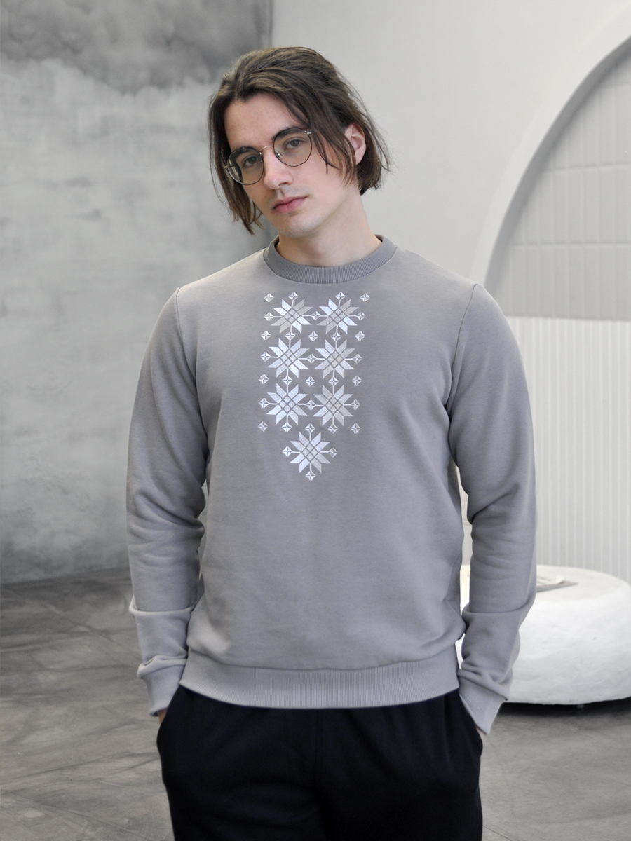 Свитшот мужской серо-бежевый с белой вышивкой "Жыццё" 