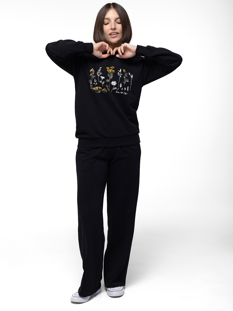 Женский свитшот черный прямого кроя с вышивкой "Солнечное настроение"