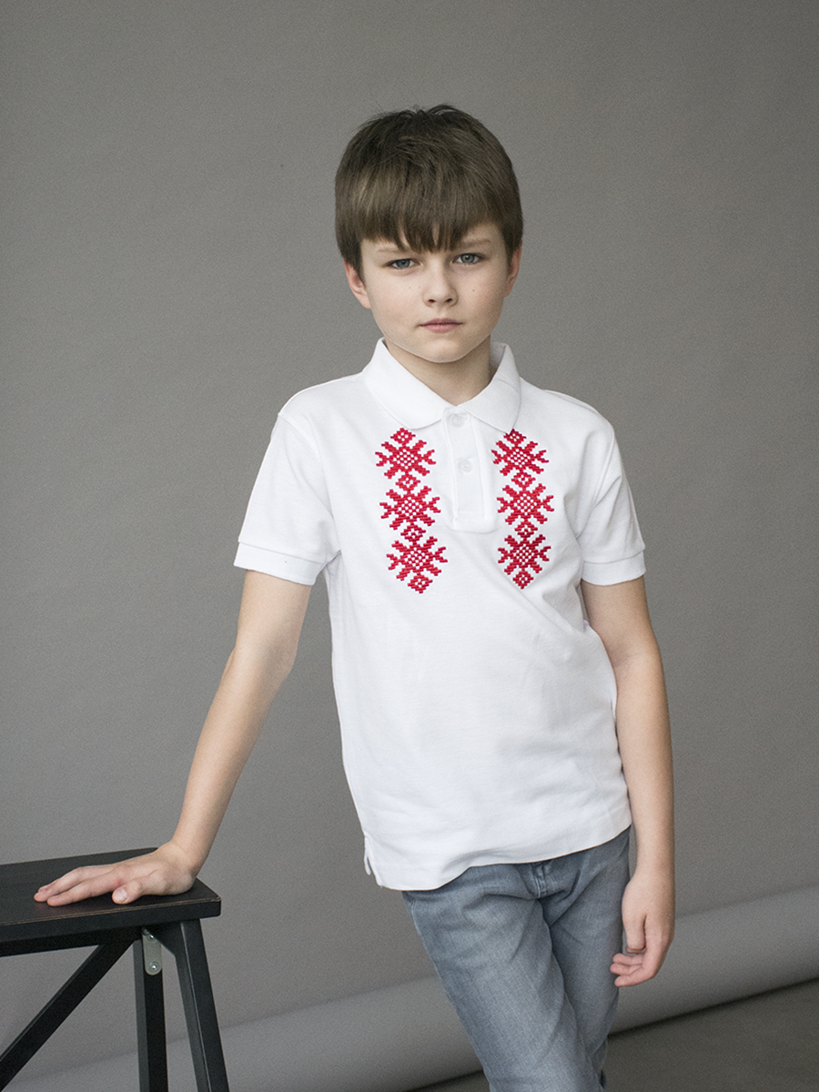 Детская футболка-поло белая с красной вышивкой "Ярыла"