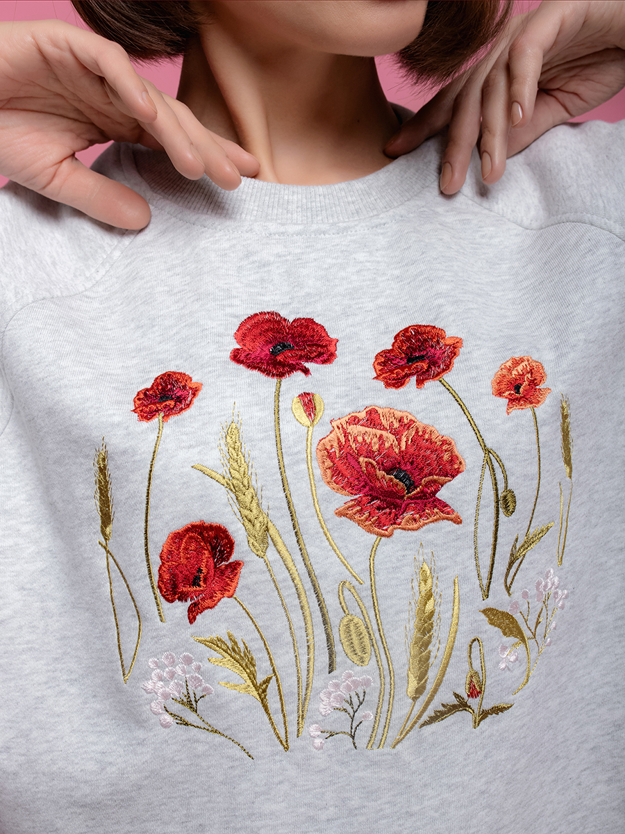 Женский свитшот реглан светло-серый с вышивкой "Маков цвет"