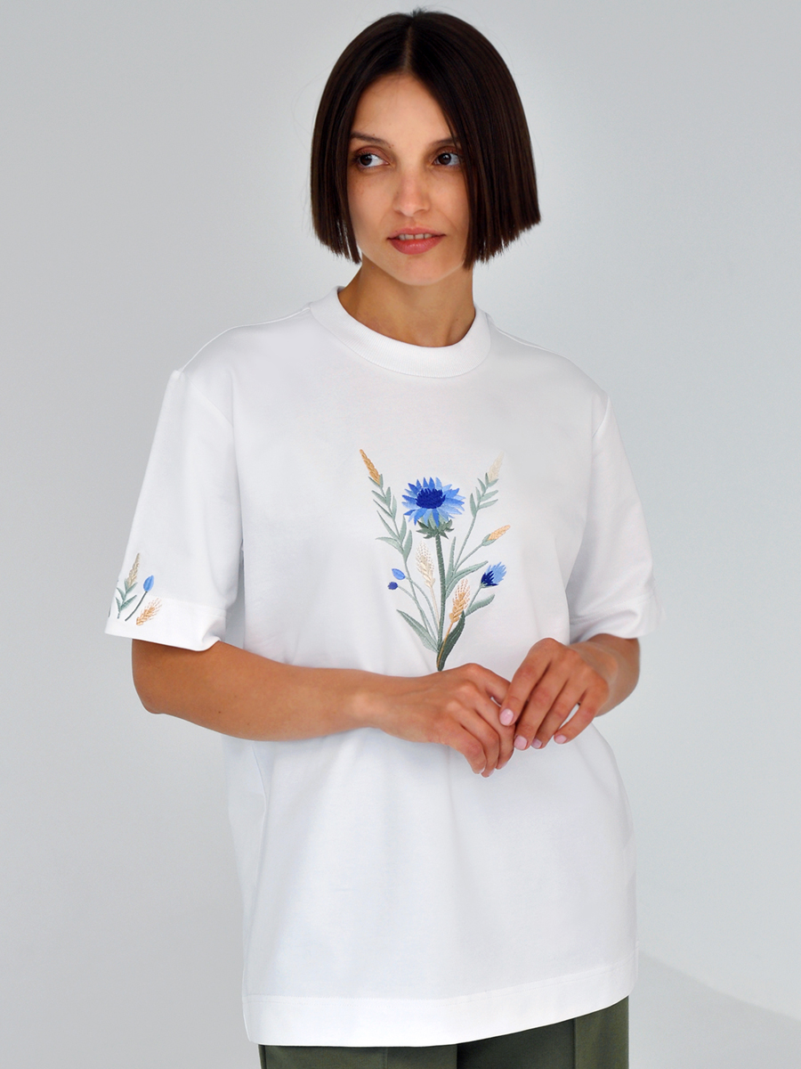 Белая футболка оверсайз (плотная) с вышивкой "Василек"