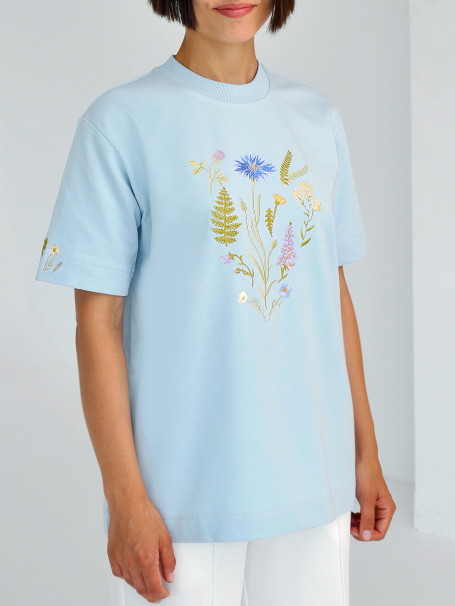 Серо-голубая футболка оверсайз (плотная) с вышивкой «Купалле»