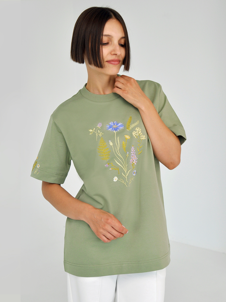 Оливковая футболка оверсайз (плотная) с вышивкой «Купалле» 