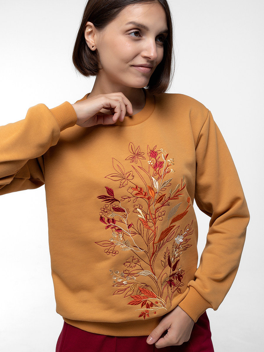 Свитшот женский горчичный с вышивкой "Осенний джаз"