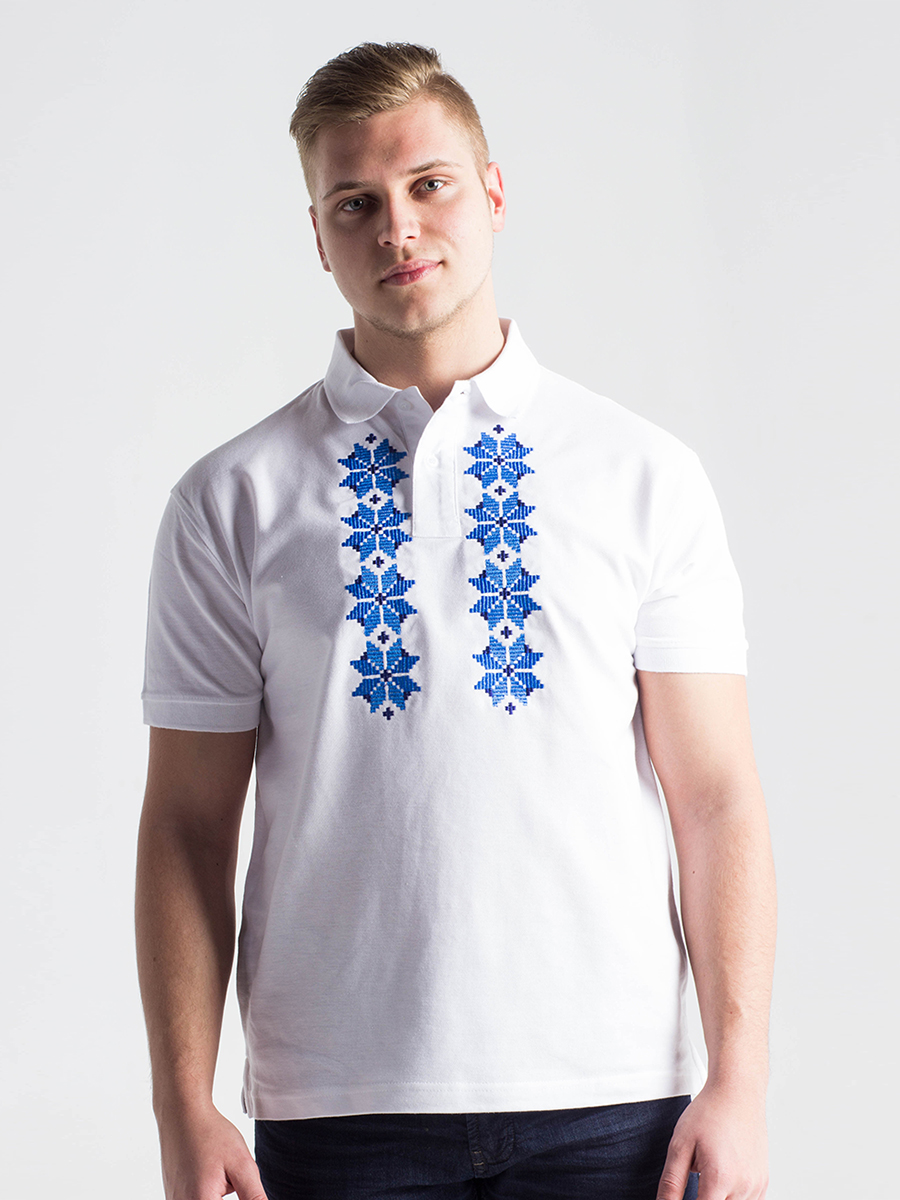 Футболка-поло мужская белая с синей вышивкой "Хараство"