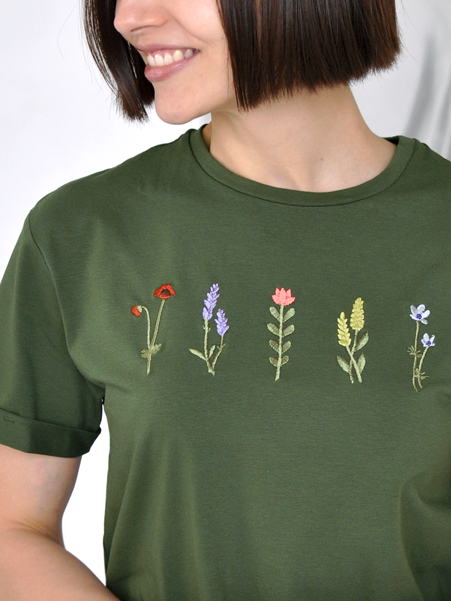 Женская темно-зеленая футболка оверсайз с вышивкой "5 flowers"