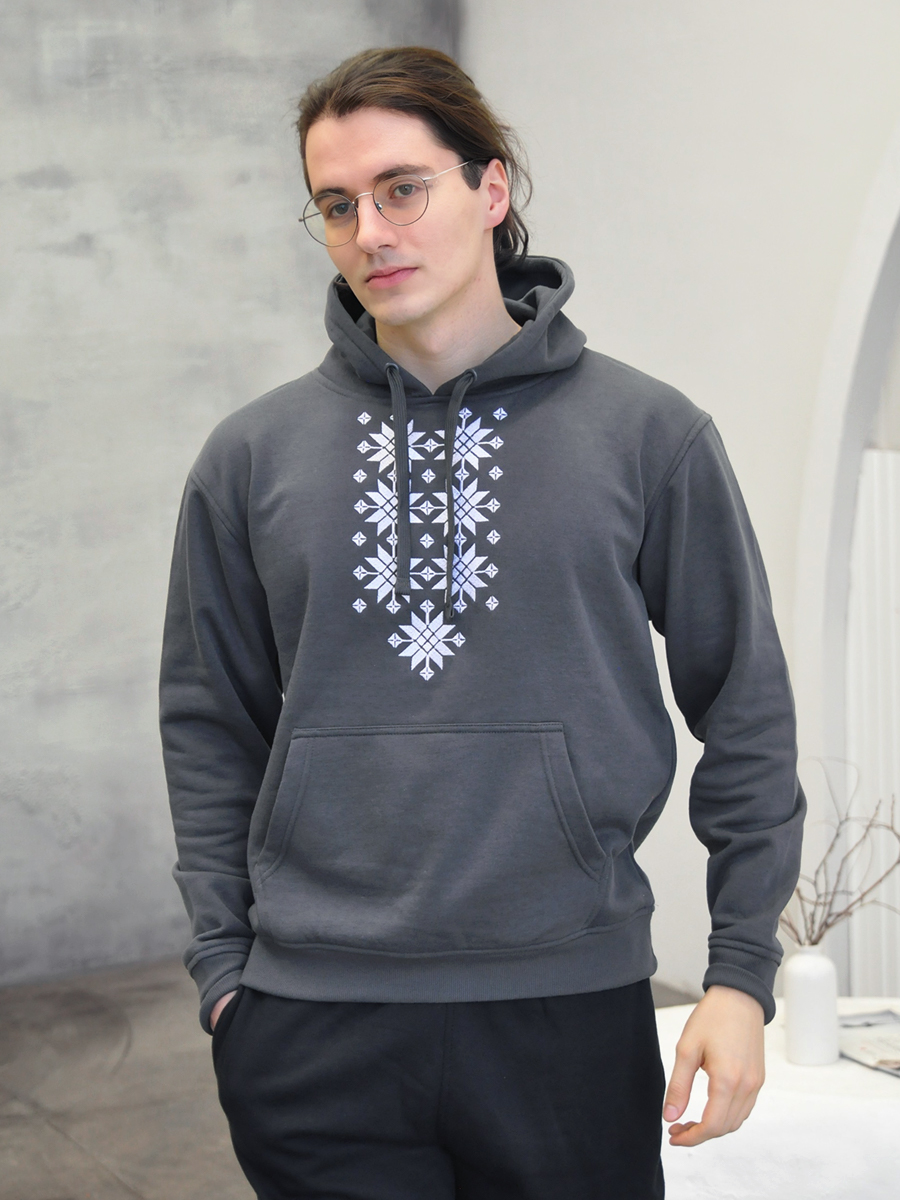 Худи мужское темно-серое с белой вышивкой "Жыццё"