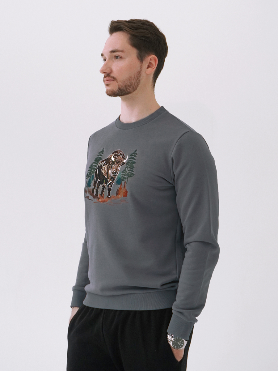 Свитшот мужской графитовый с вышивкой "Зубр" 