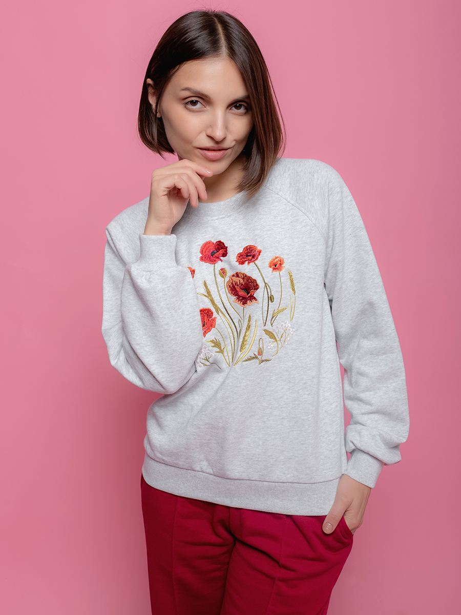 Женский свитшот реглан светло-серый с вышивкой "Маков цвет"