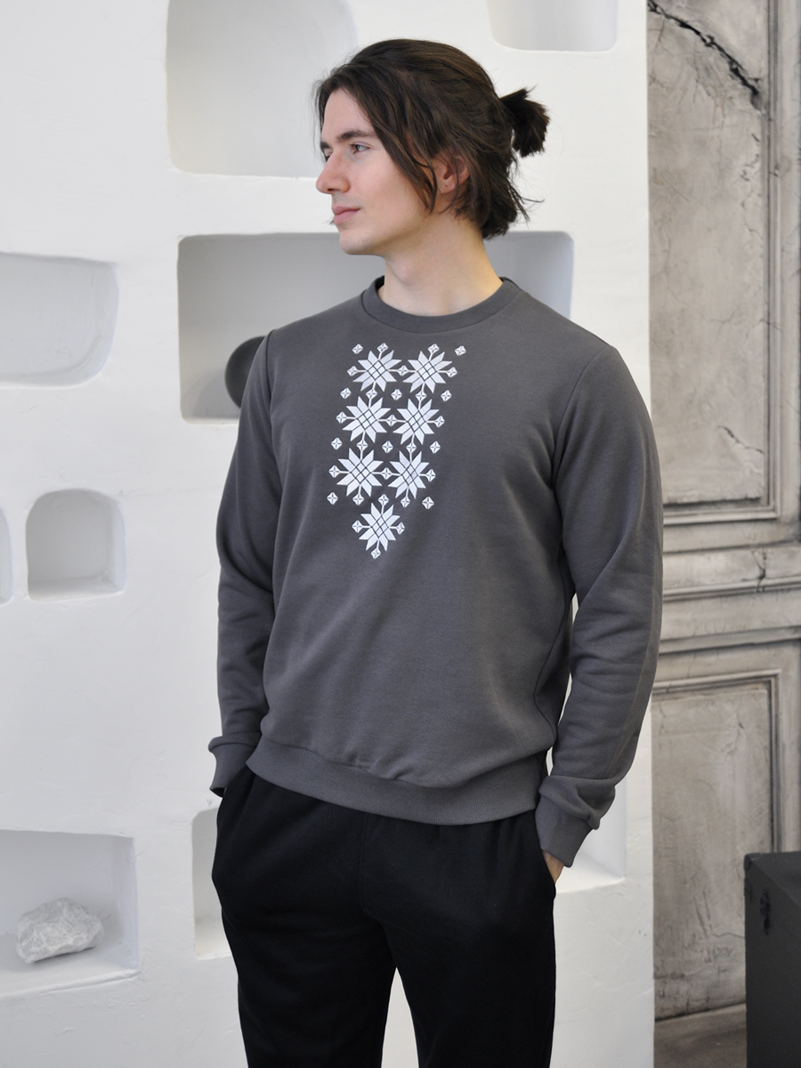 Свитшот мужской графитовый с белой вышивкой "Жыццё" 