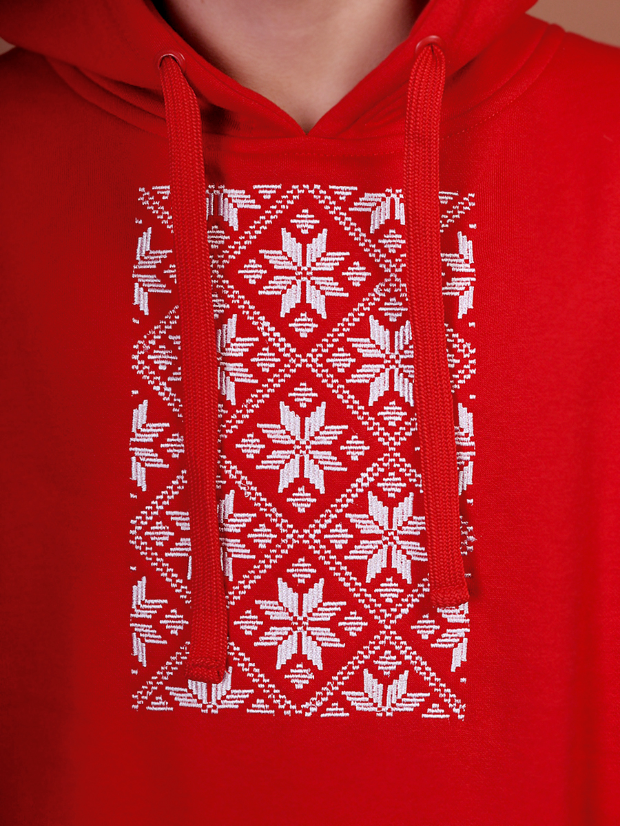 Худи мужское красное с белой вышивкой "Васьмірог"