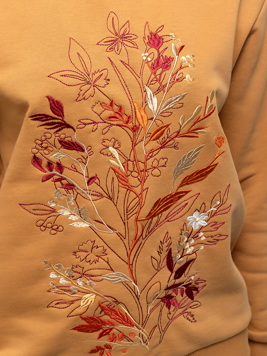 Свитшот женский горчичный с вышивкой "Осенний джаз"