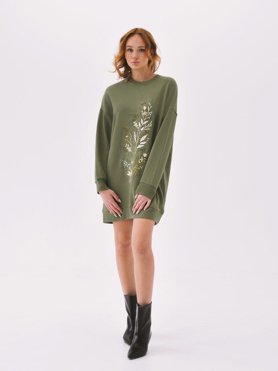 Платье цвета хаки с вышивкой "Танец листвы"