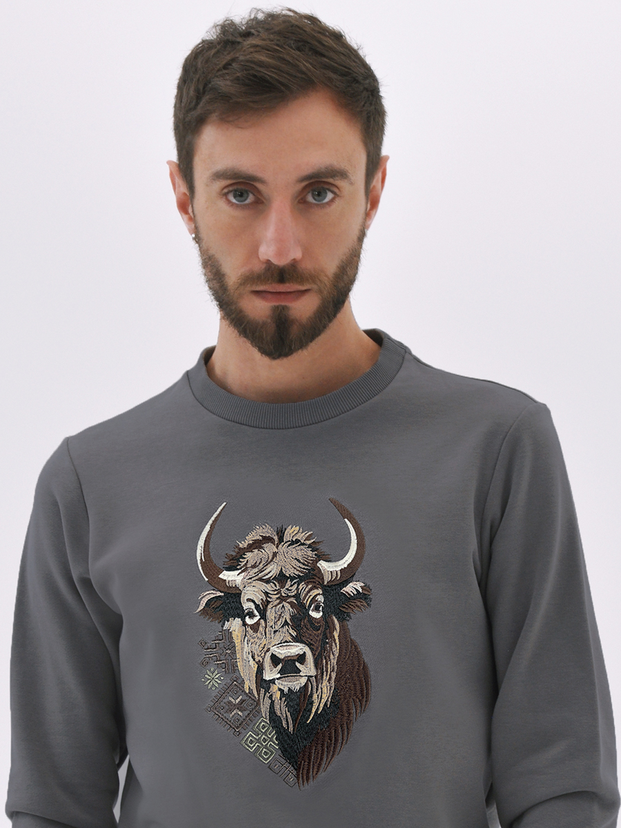 Свитшот мужской графитовый с вышивкой "Бизон"