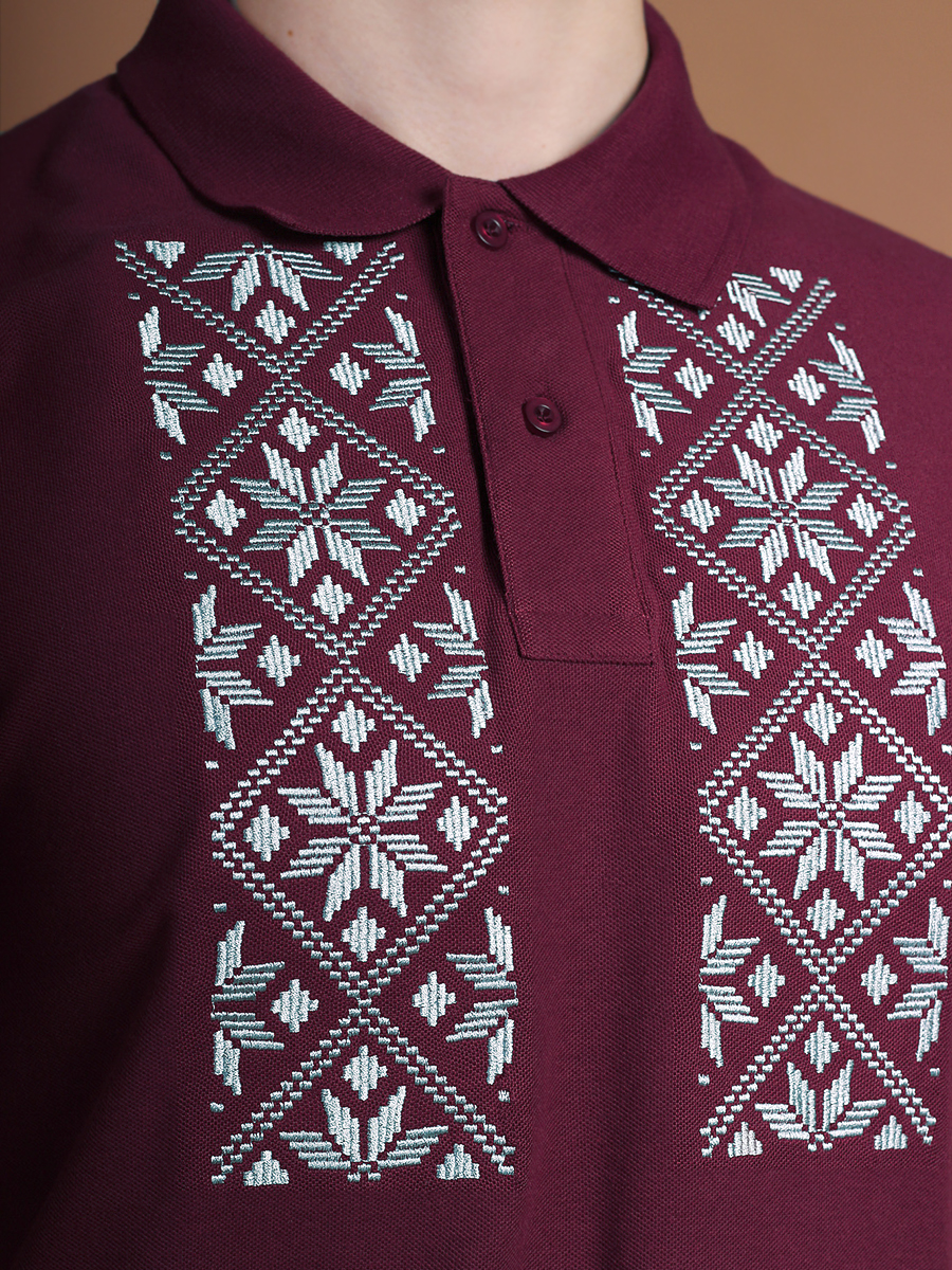 Футболка-поло мужская бургунди с серой вышивкой "Васьмiрог"