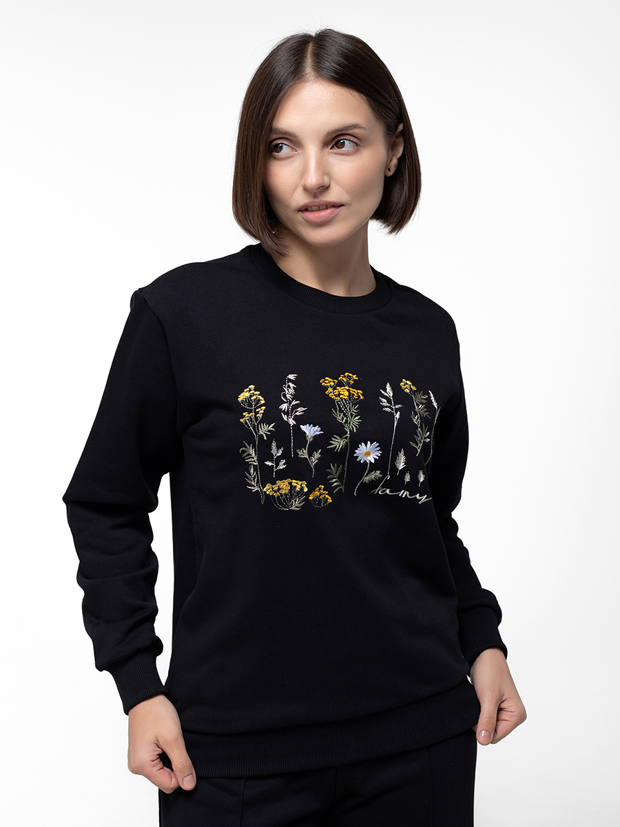Женский свитшот черный прямого кроя с вышивкой "Солнечное настроение"