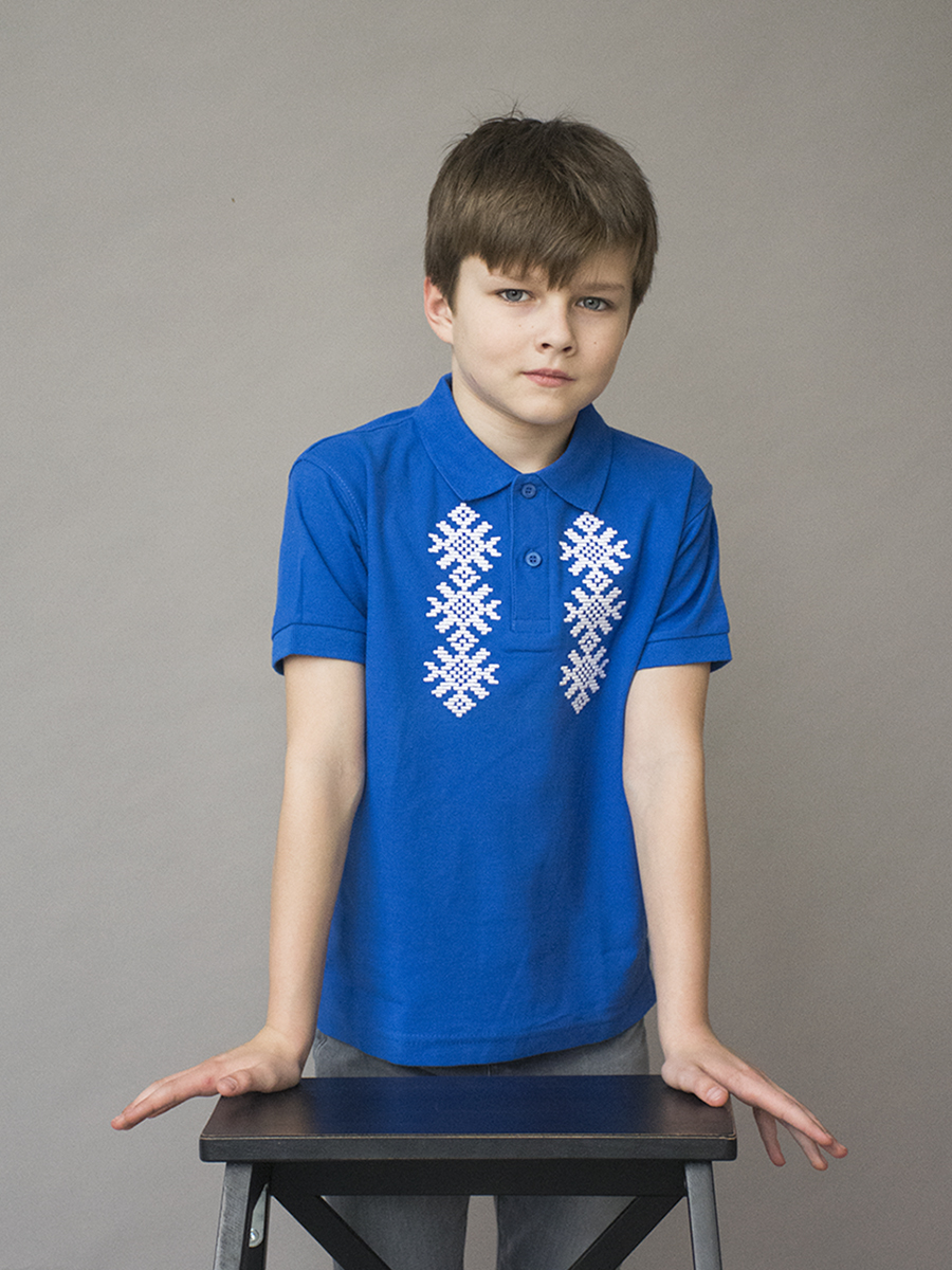 Детская футболка-поло васильковая с белой вышивкой "Ярыла"