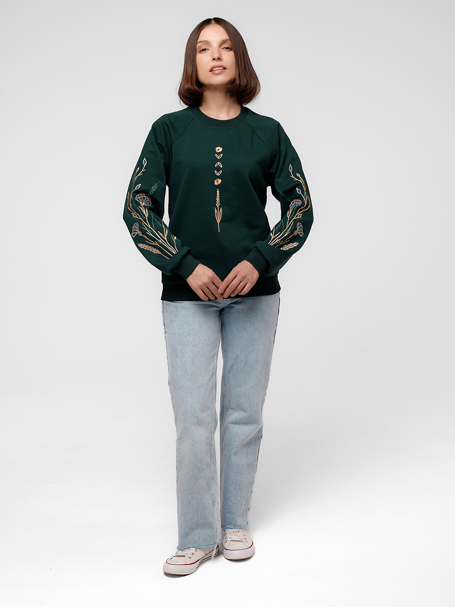 Женский свитшот реглан изумрудного цвета с вышивкой "Васильковые грёзы"