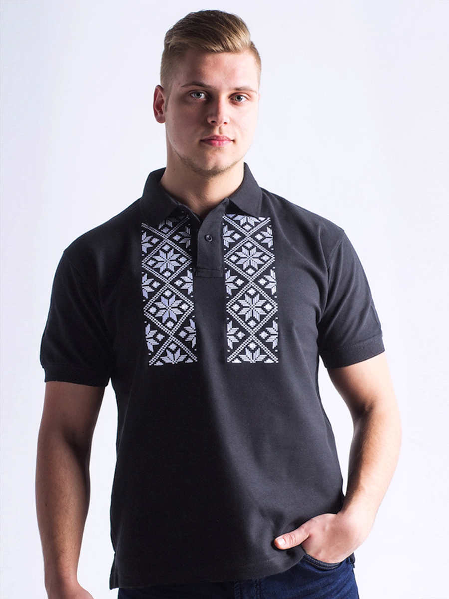 Футболка-поло мужская графитовая с белой вышивкой "Васьмірог"