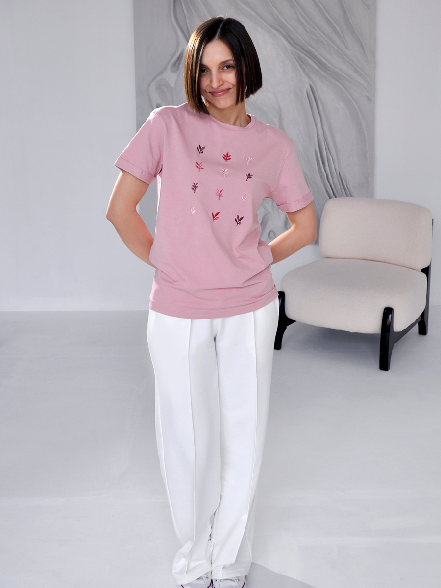 Женская футболка цвета пыльная роза оверсайз с вышивкой "Листопад"
