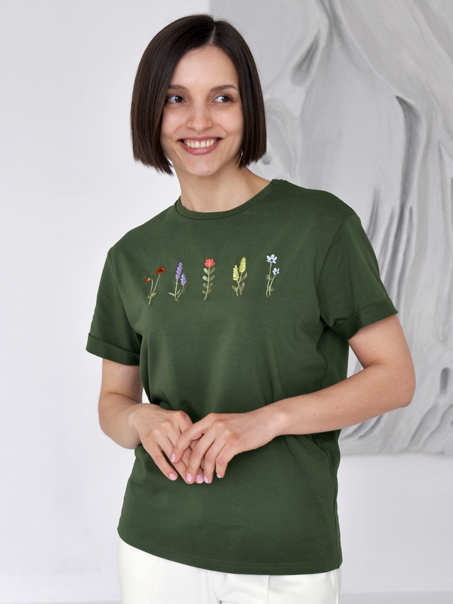 Женская темно-зеленая футболка оверсайз с вышивкой "5 flowers"