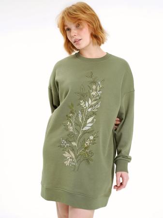 Платье цвета хаки с вышивкой "Танец листвы"