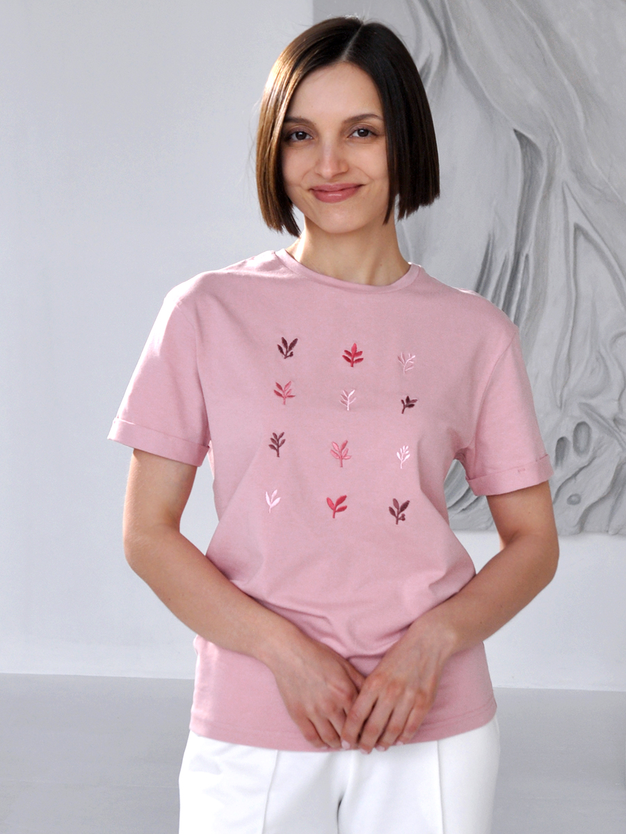 Женская футболка цвета пыльная роза оверсайз с вышивкой "Листопад"