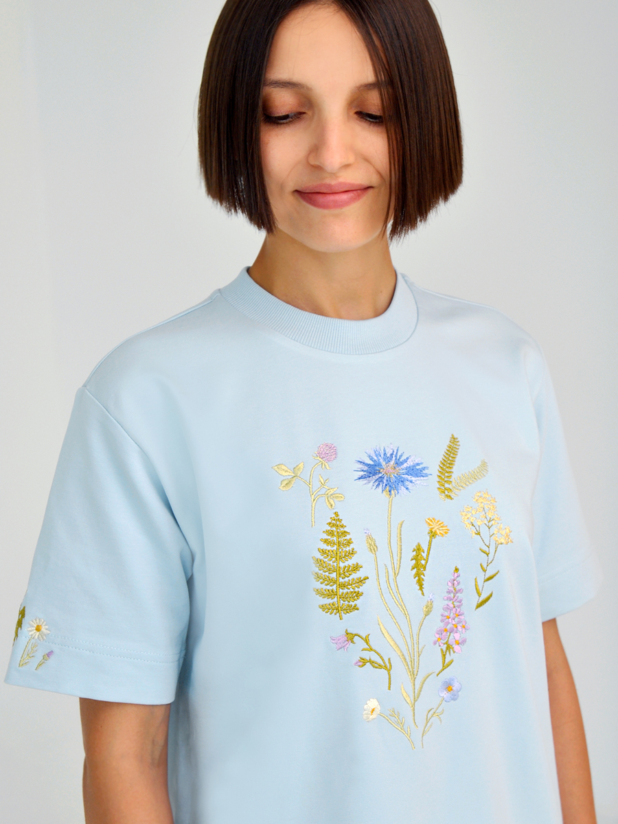 Серо-голубая футболка оверсайз (плотная) с вышивкой «Купалле»