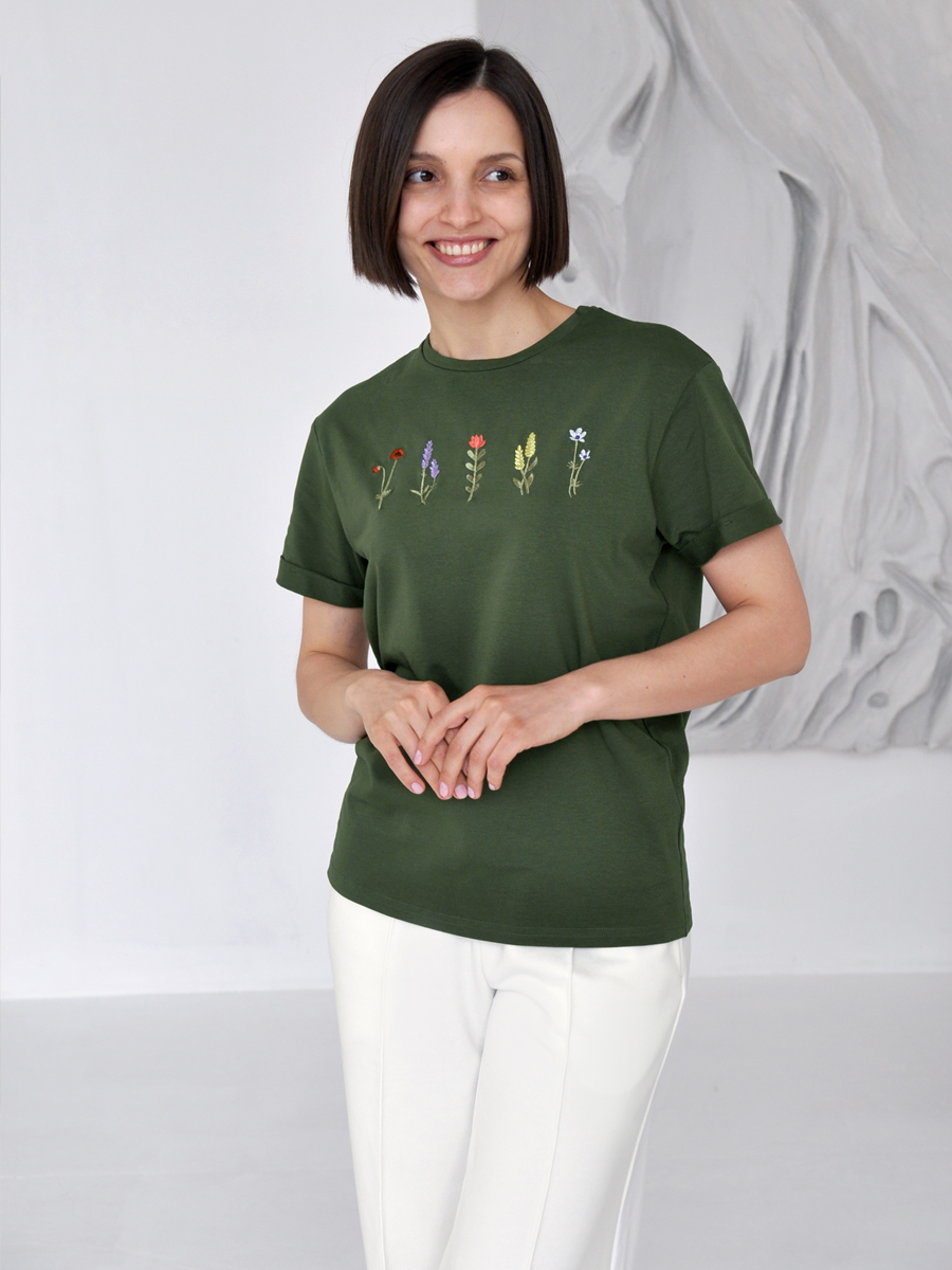 Женская темно-зеленая футболка оверсайз с вышивкой "5 flowers"