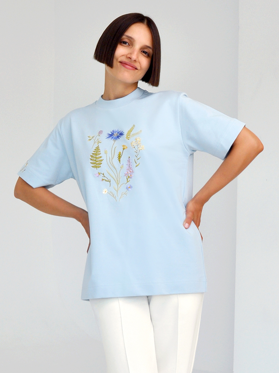 Серо-голубая футболка оверсайз (плотная) с вышивкой «Купалле»