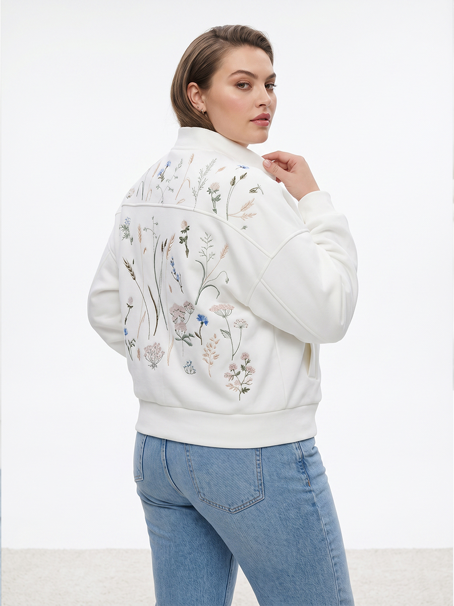 Бомбер молочный женский plus size с вышивкой "Цветущий ветер" 