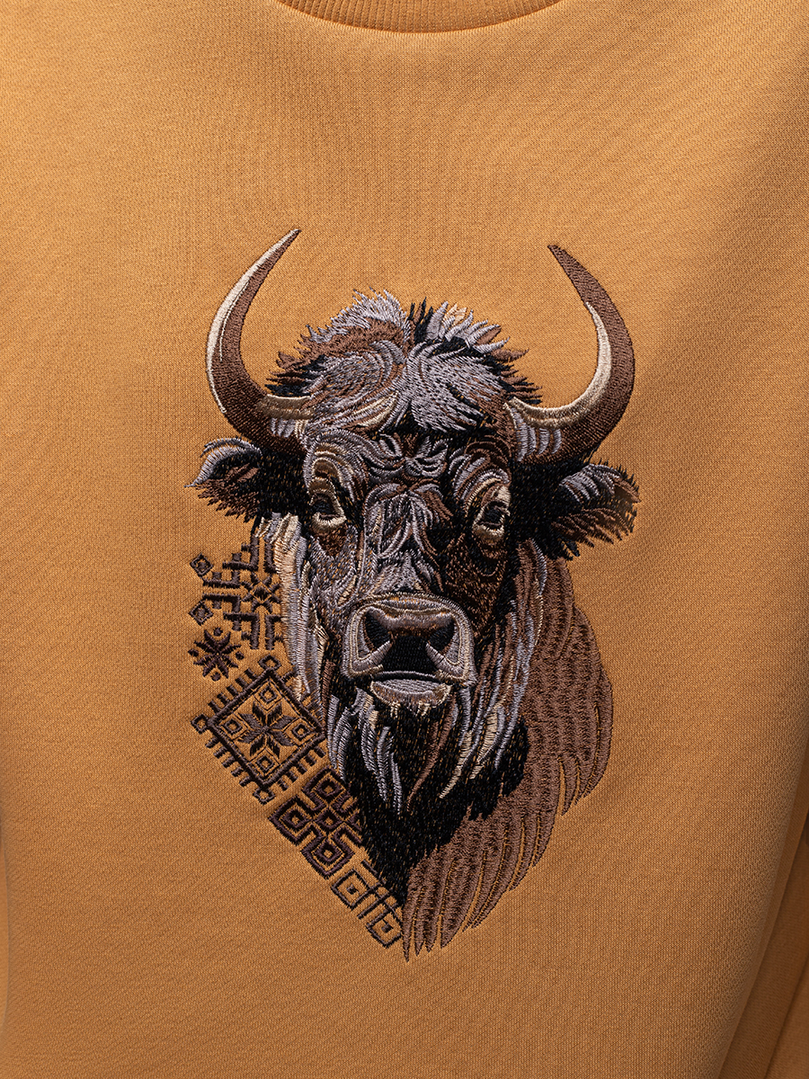 Свитшот мужской горчичный с вышивкой "Бизон"