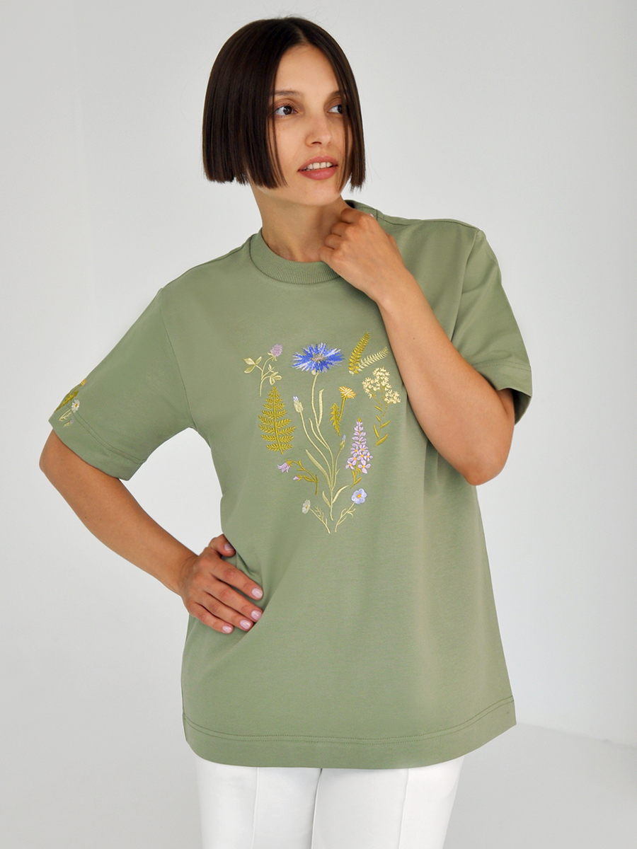 Оливковая футболка оверсайз (плотная) с вышивкой «Купалле» 