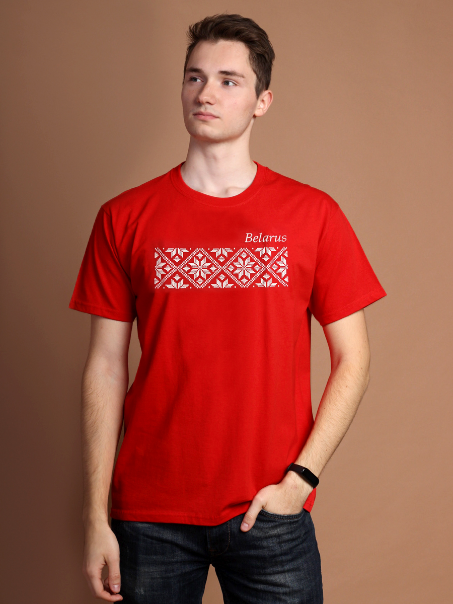 Красная футболка мужская с вышивкой  "Беларусь"