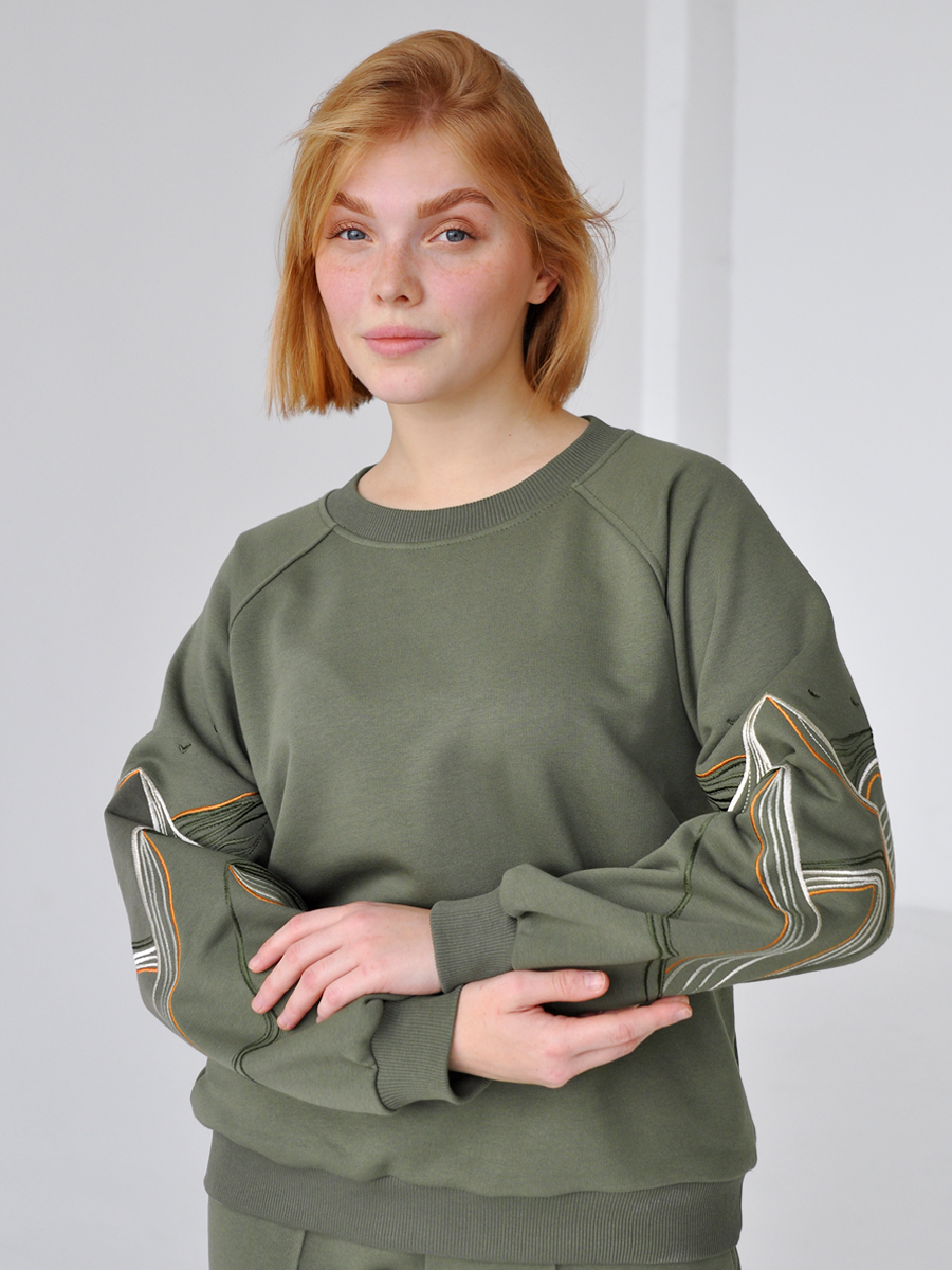 Женский свитшот реглан цвета хаки с вышивкой "Горы"