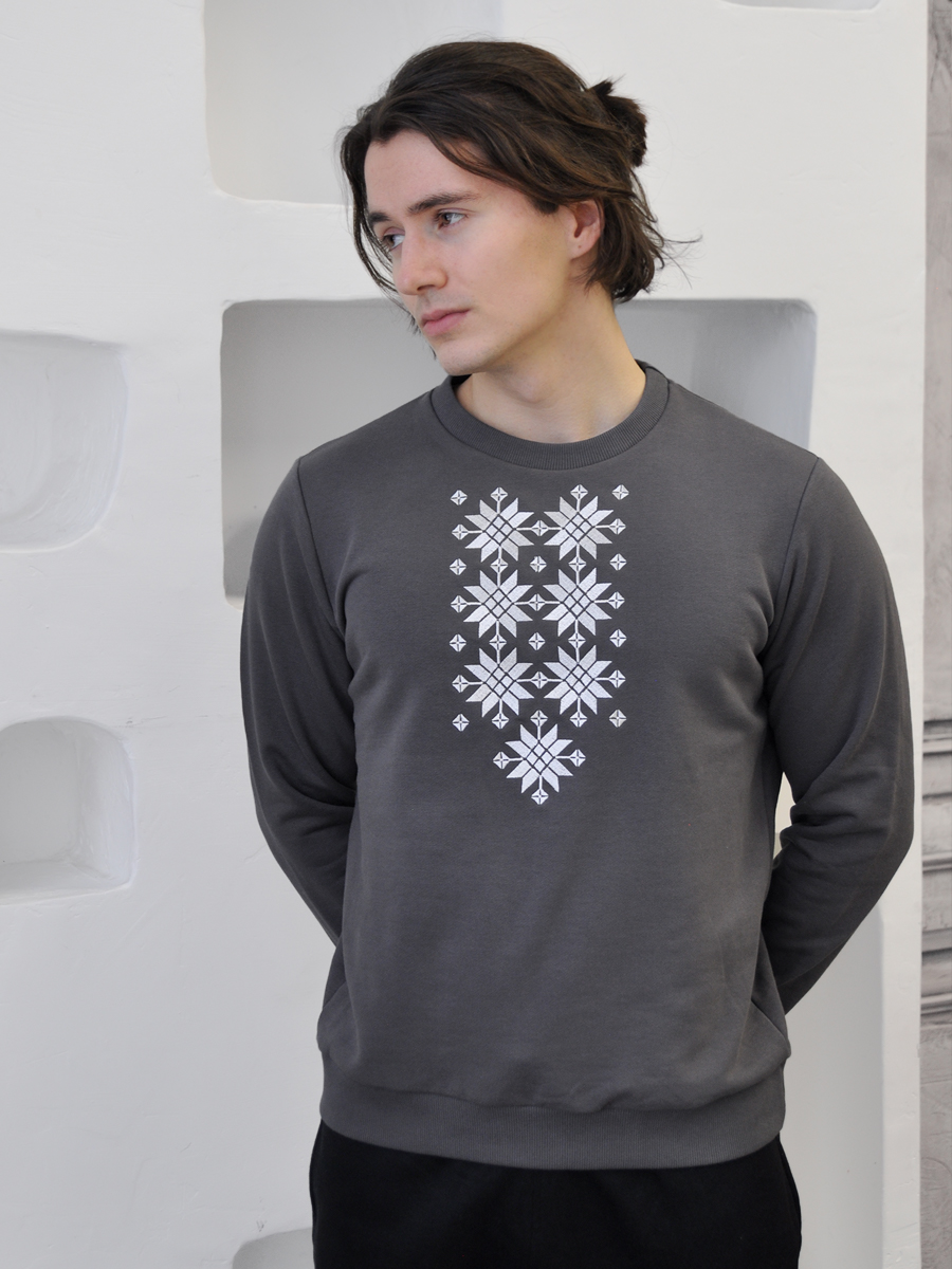 Свитшот мужской графитовый с белой вышивкой "Жыццё" 