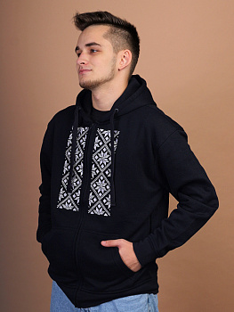 Худи мужское на молнии темно-синее с белой вышивкой "Васьмірог"