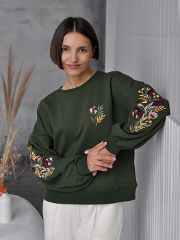Женский темно-зеленый свитшот оверсайз с цветочной вышивкой на рукавах
