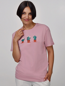 Женская футболка оверсайз цвета пыльная роза с вышивкой "Кактусы"