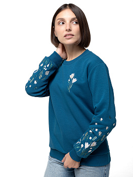 Женский свитшот цвета морской волны прямого кроя с вышивкой "Крокусы"