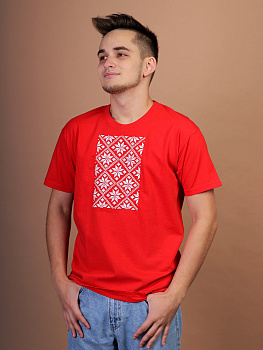 Мужская футболка красная с белой вышивкой "Васьмiрог" 