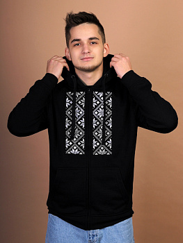 Худи мужское на молнии черное с белой вышивкой "Васьмірог"