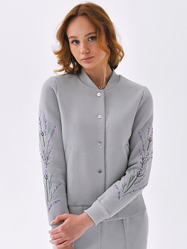 Бомбер светло-серый женский с вышивкой "Лаванда"