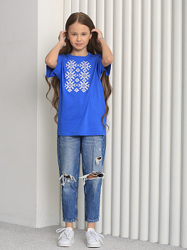 Детская футболка васильковая с белой вышивкой "Ярыла" 