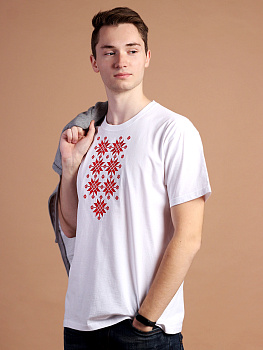 Мужская футболка белая с красной вышивкой "Жыццё" 