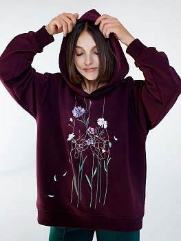 Худи оверсайз баклажанового цвета с вышивкой "Полевые цветы"