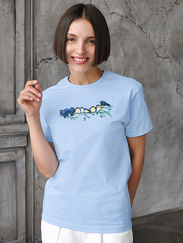 Женская голубая футболка оверсайз с вышивкой "Птичьи посиделки"